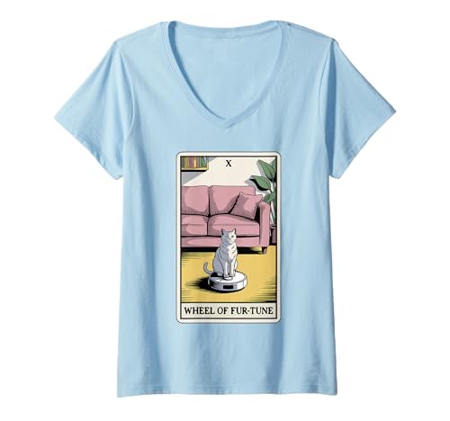 Damen Wheel of Fur-Tune Roboter Staubsauger Lustige Tarotkarte Katze T-Shirt mit V-Ausschnitt von Funny Cat Tarot Designs