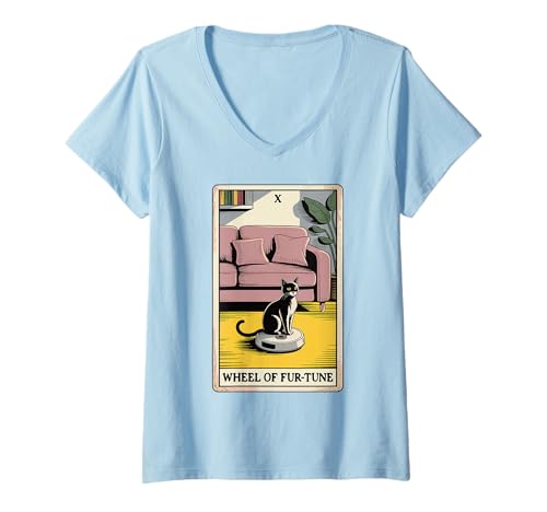 Damen Wheel of Fur-Tune Roboter Staubsauger Lustige Tarotkarte Katze T-Shirt mit V-Ausschnitt von Funny Cat Tarot Designs
