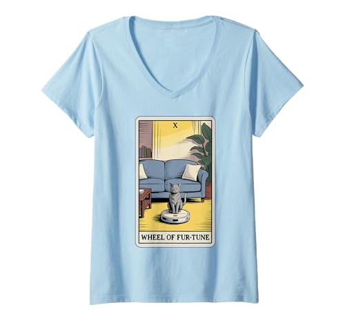 Damen Wheel of Fur-Tune Roboter Staubsauger Lustige Tarotkarte Katze T-Shirt mit V-Ausschnitt von Funny Cat Tarot Designs