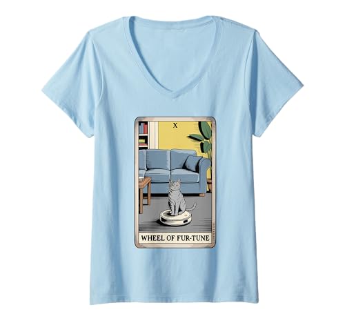 Damen Wheel of Fur-Tune Roboter Staubsauger Lustige Tarotkarte Katze T-Shirt mit V-Ausschnitt von Funny Cat Tarot Designs