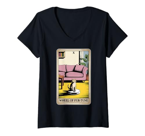 Damen Wheel of Fur-Tune Roboter Staubsauger Lustige Tarotkarte Katze T-Shirt mit V-Ausschnitt von Funny Cat Tarot Designs