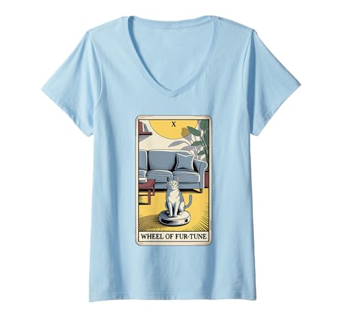 Damen Wheel of Fur-Tune Roboter Staubsauger Lustige Tarotkarte Katze T-Shirt mit V-Ausschnitt von Funny Cat Tarot Designs