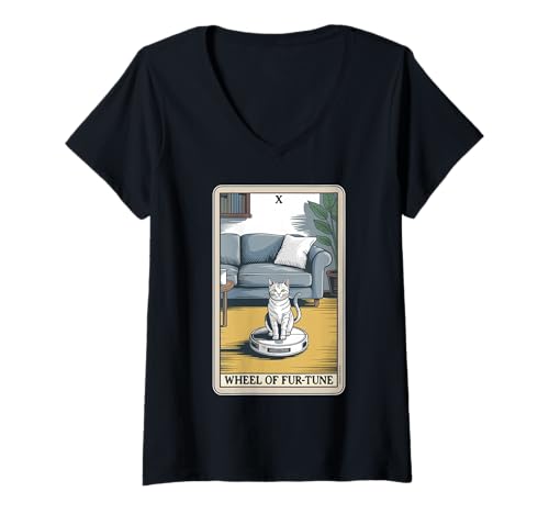 Damen Wheel of Fur-Tune Roboter Staubsauger Lustige Tarotkarte Katze T-Shirt mit V-Ausschnitt von Funny Cat Tarot Designs
