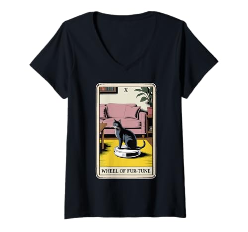 Damen Wheel of Fur-Tune Roboter Staubsauger Lustige Tarotkarte Katze T-Shirt mit V-Ausschnitt von Funny Cat Tarot Designs