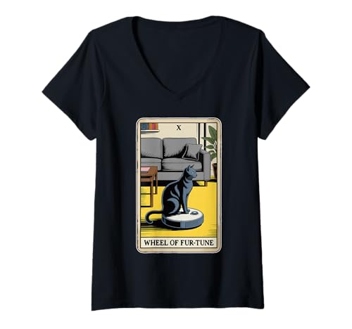 Damen Wheel of Fur-Tune Roboter Staubsauger Lustige Tarotkarte Katze T-Shirt mit V-Ausschnitt von Funny Cat Tarot Designs