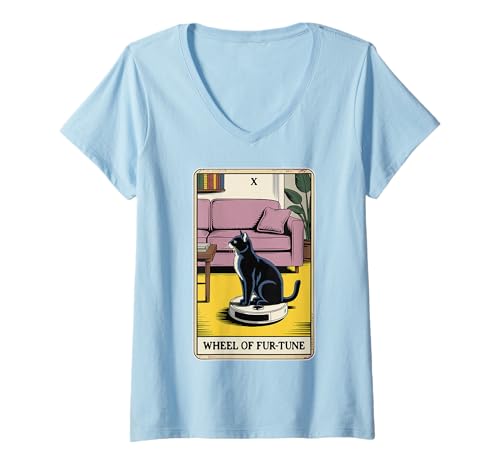 Damen Wheel of Fur-Tune Roboter Staubsauger Lustige Tarotkarte Katze T-Shirt mit V-Ausschnitt von Funny Cat Tarot Designs