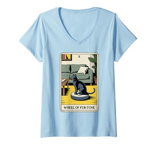 Damen Wheel of Fur-Tune Roboter Staubsauger Lustige Tarotkarte Katze T-Shirt mit V-Ausschnitt von Funny Cat Tarot Designs