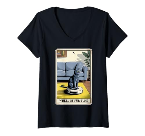 Damen Wheel of Fur-Tune Roboter Staubsauger Lustige Tarotkarte Katze T-Shirt mit V-Ausschnitt von Funny Cat Tarot Designs