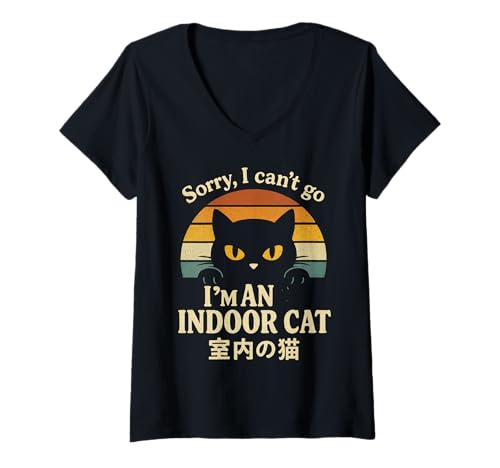 Damen Sorry I Can't Go I'm an Indoor Cat Funny Inside Kitten Lover T-Shirt mit V-Ausschnitt von Funny Cat Vintage Introvert Cat Lover Anti Social