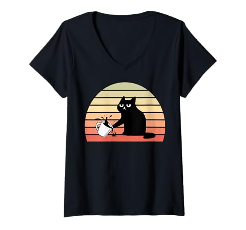 Damen Lustige Katze, Vintage, Retro, Sarkastisch, umgekehrt, Kaffeetasse T-Shirt mit V-Ausschnitt Damen Lustige Katze, Vintage, Retro, Sarkastisch, umgekehrt, Kaffeetasse T-Shirt mit V-Ausschnitt von Funny Cat Vintage Retro Sunset