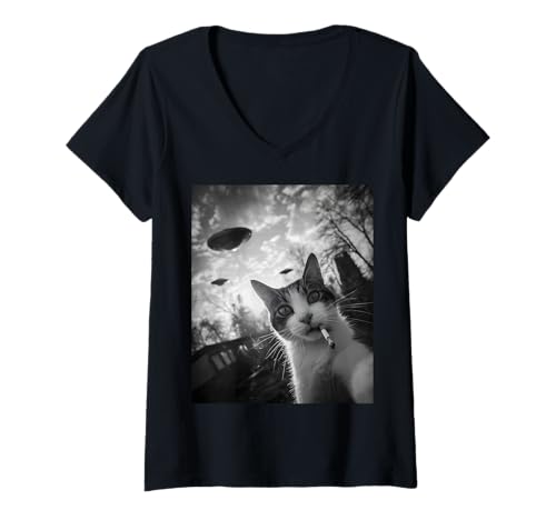 Damen Cat Smoking Cigarette T-Shirt mit V-Ausschnitt Damen Cat Smoking Cigarette T-Shirt mit V-Ausschnitt von Funny Cat Wear