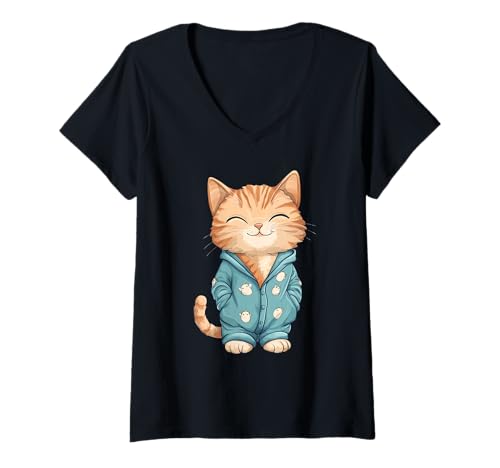 Damen Funny Cat Wearing Pajamas T-Shirt mit V-Ausschnitt Damen Funny Cat Wearing Pajamas T-Shirt mit V-Ausschnitt von Funny Cat Wearing Pajamas Apparel
