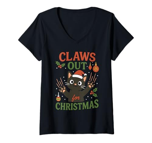 Damen Krallen Raus in die Weihnachtsfeiertage T-Shirt mit V-Ausschnitt von Funny Cat XMAS Animal Festive Christmas Design