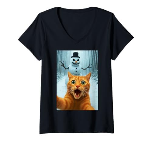 Damen Katze Selfie Gruseliger Schneemann Weihnachten Lustig Kitty Humor T-Shirt mit V-Ausschnitt von Funny Cat and Kitten Owner Gifts