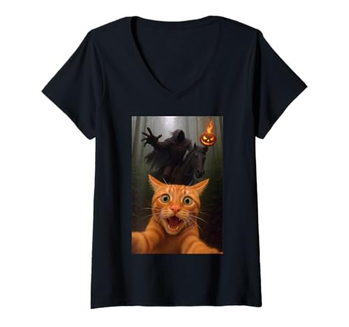 Damen Katze Selfie Halloween Headless Horseman Funny Kitty Humor T-Shirt mit V-Ausschnitt von Funny Cat and Kitten Owner Gifts
