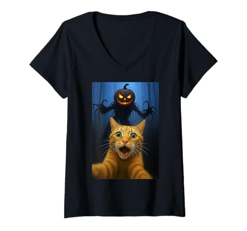Damen Katze Selfie Halloween Kürbis Samhain Funny Kitty Humor T-Shirt mit V-Ausschnitt von Funny Cat and Kitten Owner Gifts