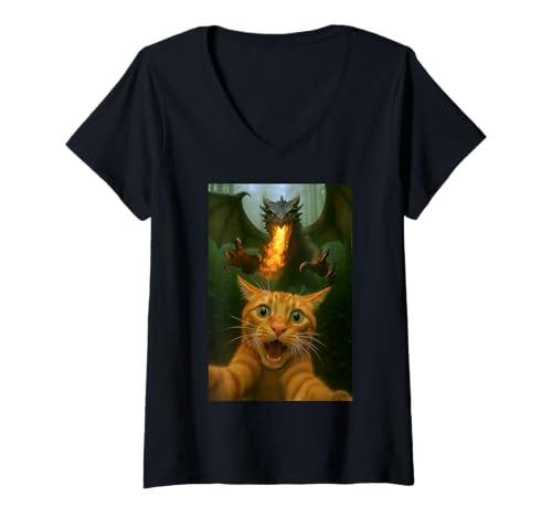 Damen Katze Selfie Running from Dragon Funny Kitty Humor T-Shirt mit V-Ausschnitt von Funny Cat and Kitten Owner Gifts