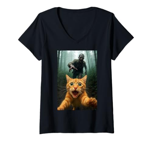 Damen Katze Selfie Running from Halloween Zombie Funny Kitty Humor T-Shirt mit V-Ausschnitt von Funny Cat and Kitten Owner Gifts