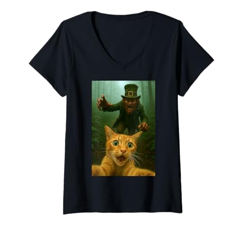 Damen Katze Selfie Running from Leprechaun St. Patrick's Day Humor T-Shirt mit V-Ausschnitt von Funny Cat and Kitten Owner Gifts