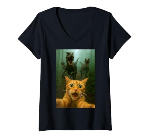 Damen Katze Selfie Running from Raptors Dinosaurier Funny Kitty T-Shirt mit V-Ausschnitt von Funny Cat and Kitten Owner Gifts
