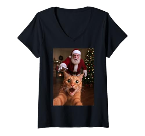 Damen Katze Selfie Santa Claus Funny Christmas Kitty Humor T-Shirt mit V-Ausschnitt von Funny Cat and Kitten Owner Gifts