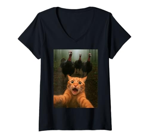 Damen Katze Selfie Truthahn Chase Lustig Thanksgiving Kitty Humor T-Shirt mit V-Ausschnitt von Funny Cat and Kitten Owner Gifts