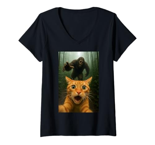 Damen Katzen-Selfie, das vor Bigfoot läuft Lustiger Kitty-Humor T-Shirt mit V-Ausschnitt von Funny Cat and Kitten Owner Gifts