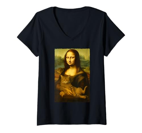 Damen Mona Lisa Katze für Kätzchenliebhaber T-Shirt mit V-Ausschnitt von Funny Cat and Mona Lissa Cat Art