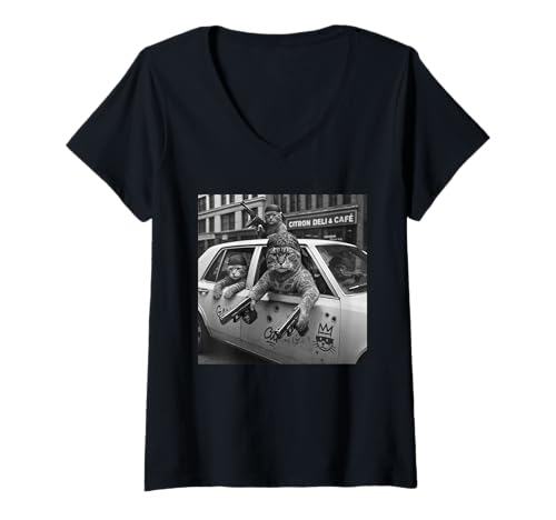 Damen Lustiges Gangster-Katzen-Straßen-Design T-Shirt mit V-Ausschnitt Damen Lustiges Gangster-Katzen-Straßen-Design T-Shirt mit V-Ausschnitt von Funny Cats Gang Meme