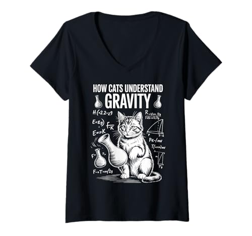 Damen Katzenphysik Wie Katzen die Schwerkraft verstehen Lustige Katze T-Shirt mit V-Ausschnitt Damen Katzenphysik Wie Katzen die Schwerkraft verstehen Lustige Katze T-Shirt mit V-Ausschnitt von Funny Cats Thinking Cool Science Cat Design