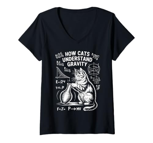 Damen Katzenphysik Wie Katzen die Schwerkraft verstehen Lustige Katze T-Shirt mit V-Ausschnitt Damen Katzenphysik Wie Katzen die Schwerkraft verstehen Lustige Katze T-Shirt mit V-Ausschnitt von Funny Cats Thinking Cool Science Cat Designs