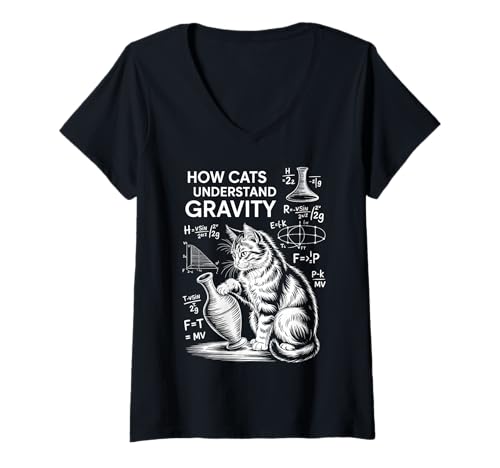 Damen Katzenphysik Wie Katzen die Schwerkraft verstehen Lustige Katze T-Shirt mit V-Ausschnitt Damen Katzenphysik Wie Katzen die Schwerkraft verstehen Lustige Katze T-Shirt mit V-Ausschnitt von Funny Cats Thinking Funny Science Cat Design