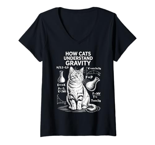 Damen Katzenphysik Wie Katzen die Schwerkraft verstehen Lustige Katze T-Shirt mit V-Ausschnitt Damen Katzenphysik Wie Katzen die Schwerkraft verstehen Lustige Katze T-Shirt mit V-Ausschnitt von Funny Cats Thinking Funny Science Cat Designs