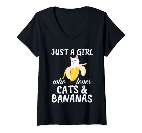 Damen Just A Girl Who Loves Cats & Bananen-Kleidung Outfit Geschenk T-Shirt mit V-Ausschnitt Damen Just A Girl Who Loves Cats & Bananen-Kleidung Outfit Geschenk T-Shirt mit V-Ausschnitt von Funny Cats & Bananas Apparels Women Girls Kids