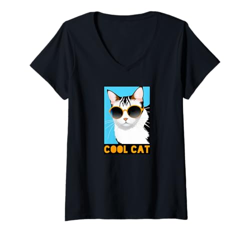 Damen Coole Katze – Sonnenbrille mit Katzen-Pop-Art T-Shirt mit V-Ausschnitt von Funny Cats