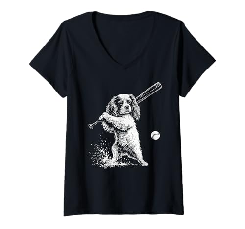 Damen Cavalier King Charles Spaniel Baseball Sport Hundeliebhaber T-Shirt mit V-Ausschnitt Damen Cavalier King Charles Spaniel Baseball Sport Hundeliebhaber T-Shirt mit V-Ausschnitt von Funny Cavalier Baseball Player Dog Designs