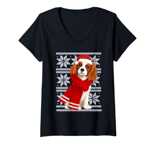 Damen Cavalier King Charles Spaniel Hässlicher Weihnachtsfeiertagshund T-Shirt mit V-Ausschnitt Damen Cavalier King Charles Spaniel Hässlicher Weihnachtsfeiertagshund T-Shirt mit V-Ausschnitt von Funny Cavalier Festive Dog Designs