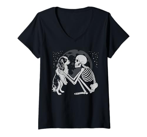 Damen Cavalier King Charles Spaniel Skelett Mond Halloween Hund T-Shirt mit V-Ausschnitt von Funny Cavalier Gothic Dog Designs