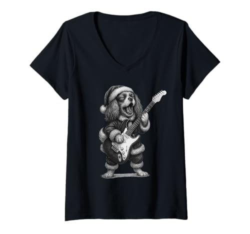 Damen Cavalier King Charles Spaniel Spielende Gitarre Weihnachten Hund T-Shirt mit V-Ausschnitt Damen Cavalier King Charles Spaniel Spielende Gitarre Weihnachten Hund T-Shirt mit V-Ausschnitt von Funny Cavalier Rock Music Dog Designs