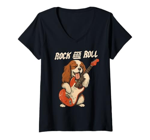 Damen Cavalier King Charles Spaniel spielt Gitarre Rock and Roll T-Shirt mit V-Ausschnitt Damen Cavalier King Charles Spaniel spielt Gitarre Rock and Roll T-Shirt mit V-Ausschnitt von Funny Cavalier Rock Music Dog Designs