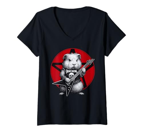 Damen Meerschweinchen, Heavy Metal, Gitarrenrock, Tierliebhaber T-Shirt mit V-Ausschnitt Damen Meerschweinchen, Heavy Metal, Gitarrenrock, Tierliebhaber T-Shirt mit V-Ausschnitt von Funny Cavy Death Metal Music Pet Designs