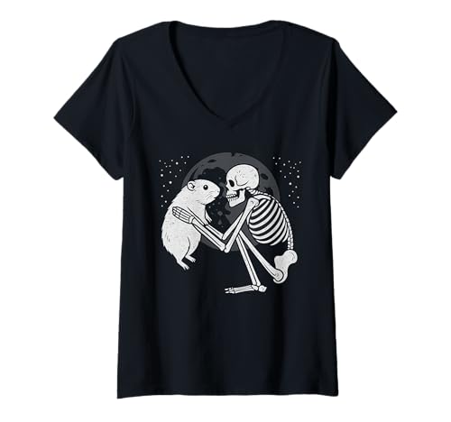 Damen Meerschweinchen Skelett Mond Halloween Tierliebhaber T-Shirt mit V-Ausschnitt von Funny Cavy Gothic Pet Designs