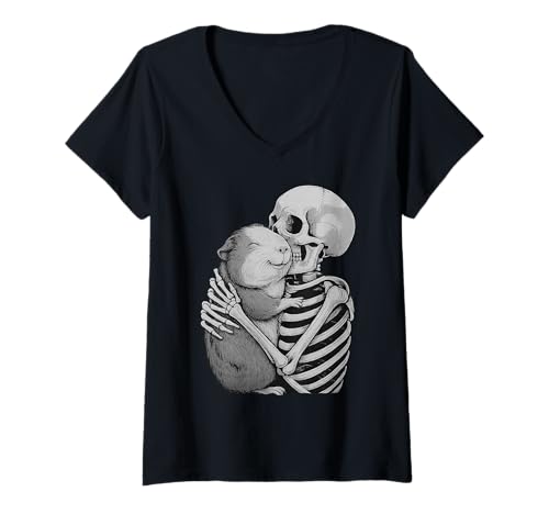 Damen Meerschweinchen-Skelett-Umarmung, Halloween, Tierliebhaber T-Shirt mit V-Ausschnitt von Funny Cavy Gothic Pet Designs