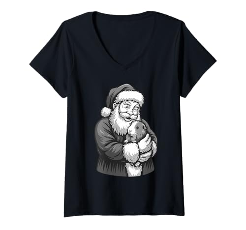 Damen Meerschweinchen Weihnachtsmann Weihnachten Haustier Liebhaber T-Shirt mit V-Ausschnitt von Funny Cavy Holiday Pet Designs