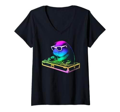 Damen Meerschweinchen DJ Musik Party Tierliebhaber T-Shirt mit V-Ausschnitt von Funny Cavy House Music Pet Designs