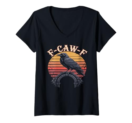 Damen Retro-T-Shirt mit Krähenmotiv, lustige F-Caw-F, Schwarze Rabenvogelgrafik T-Shirt mit V-Ausschnitt Damen Retro-T-Shirt mit Krähenmotiv, lustige F-Caw-F, Schwarze Rabenvogelgrafik T-Shirt mit V-Ausschnitt von Funny Caw-Caw Crow Co.