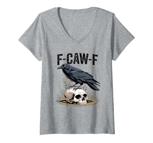 Damen Retro-T-Shirt mit Krähenmotiv, lustige F-Caw-F, Schwarze Rabenvogelgrafik T-Shirt mit V-Ausschnitt von Funny Caw-Caw Crow Co.