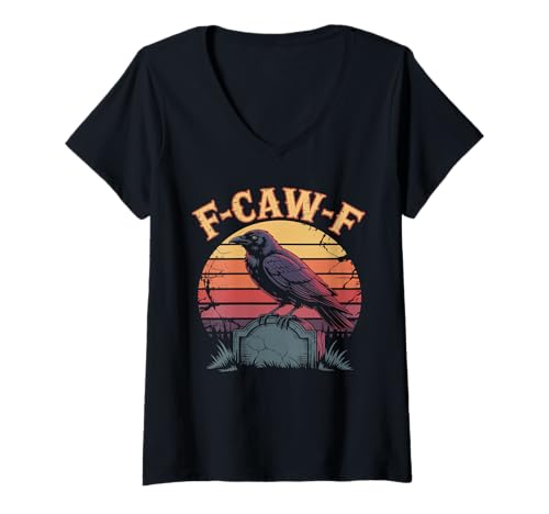 Damen Retro-T-Shirt mit Krähenmotiv, lustige F-Caw-F, Schwarze Rabenvogelgrafik T-Shirt mit V-Ausschnitt von Funny Caw-Caw Crow Co.