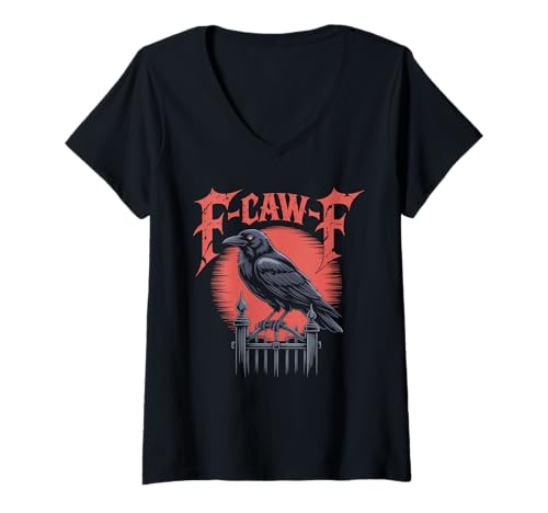 Damen Retro-T-Shirt mit Krähenmotiv, lustige F-Caw-F, Schwarze Rabenvogelgrafik T-Shirt mit V-Ausschnitt von Funny Caw-Caw Crow Co.