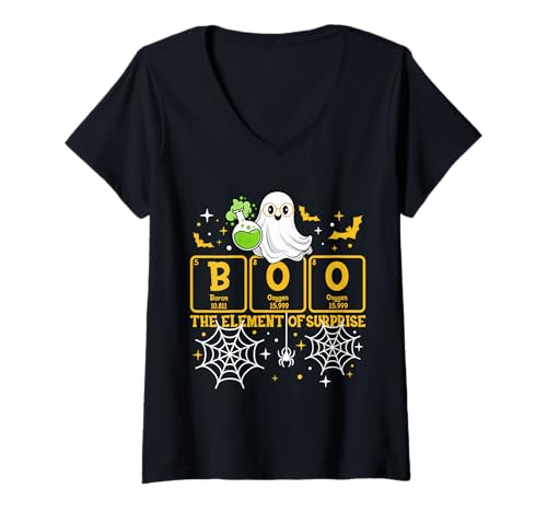 Damen Chemistry Boo The Element of Surprise Cute Halloween Chemiker T-Shirt mit V-Ausschnitt von Funny Chemistry Cute Chemist Halloween Costume